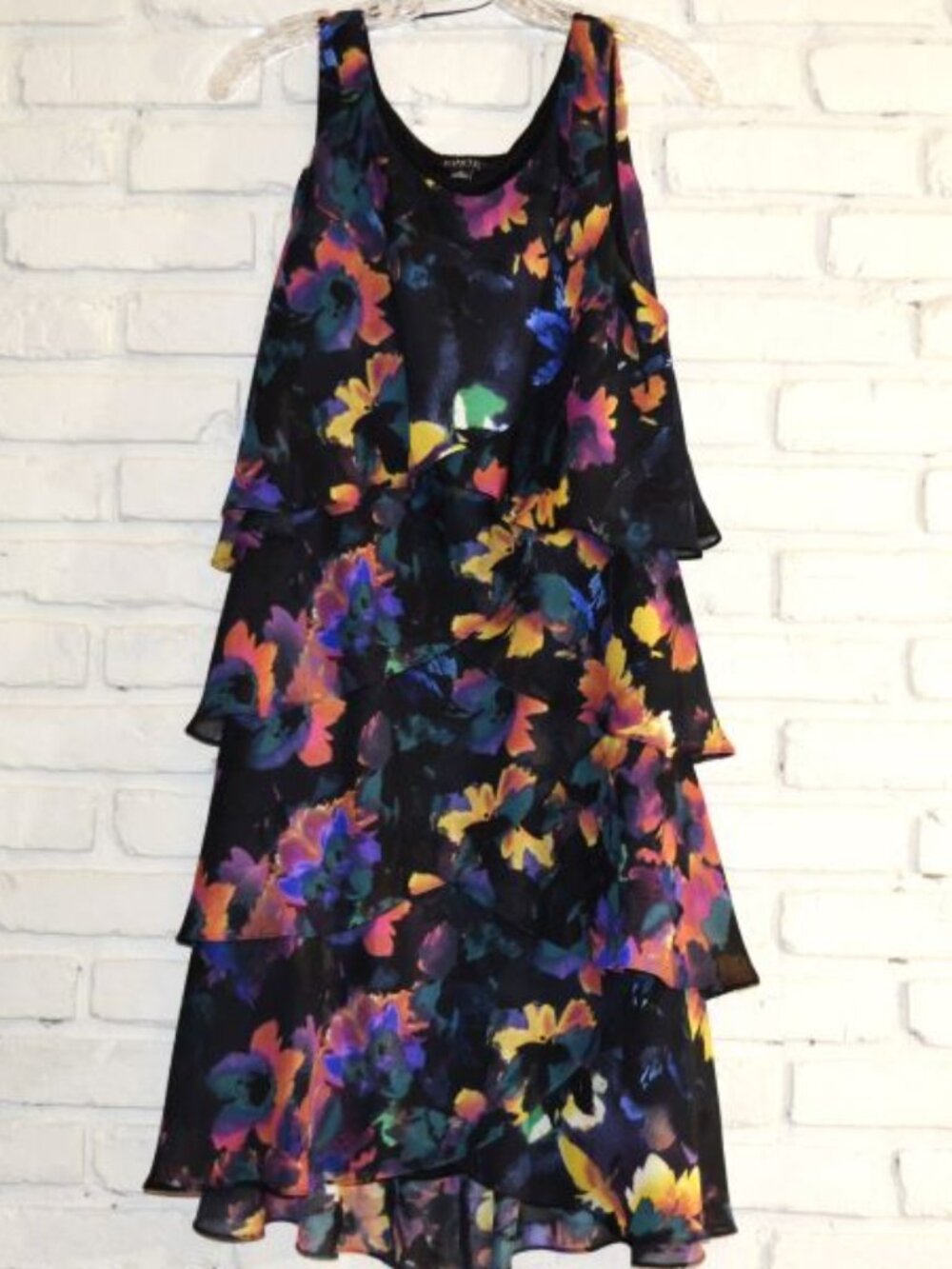 Layered Ruffled Evening Dress - Black with Multicolor Flowers - Size 16